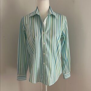 Van Heusen Cotton Blue/Green/White Striped Button Down sz S
